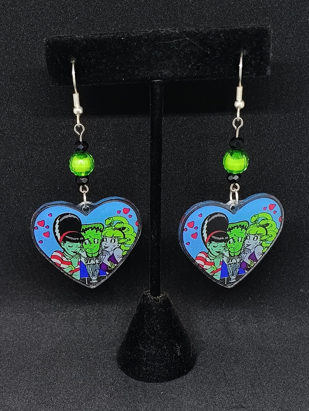 Green Heart Graphic Dangle Earrings with Neon Bead